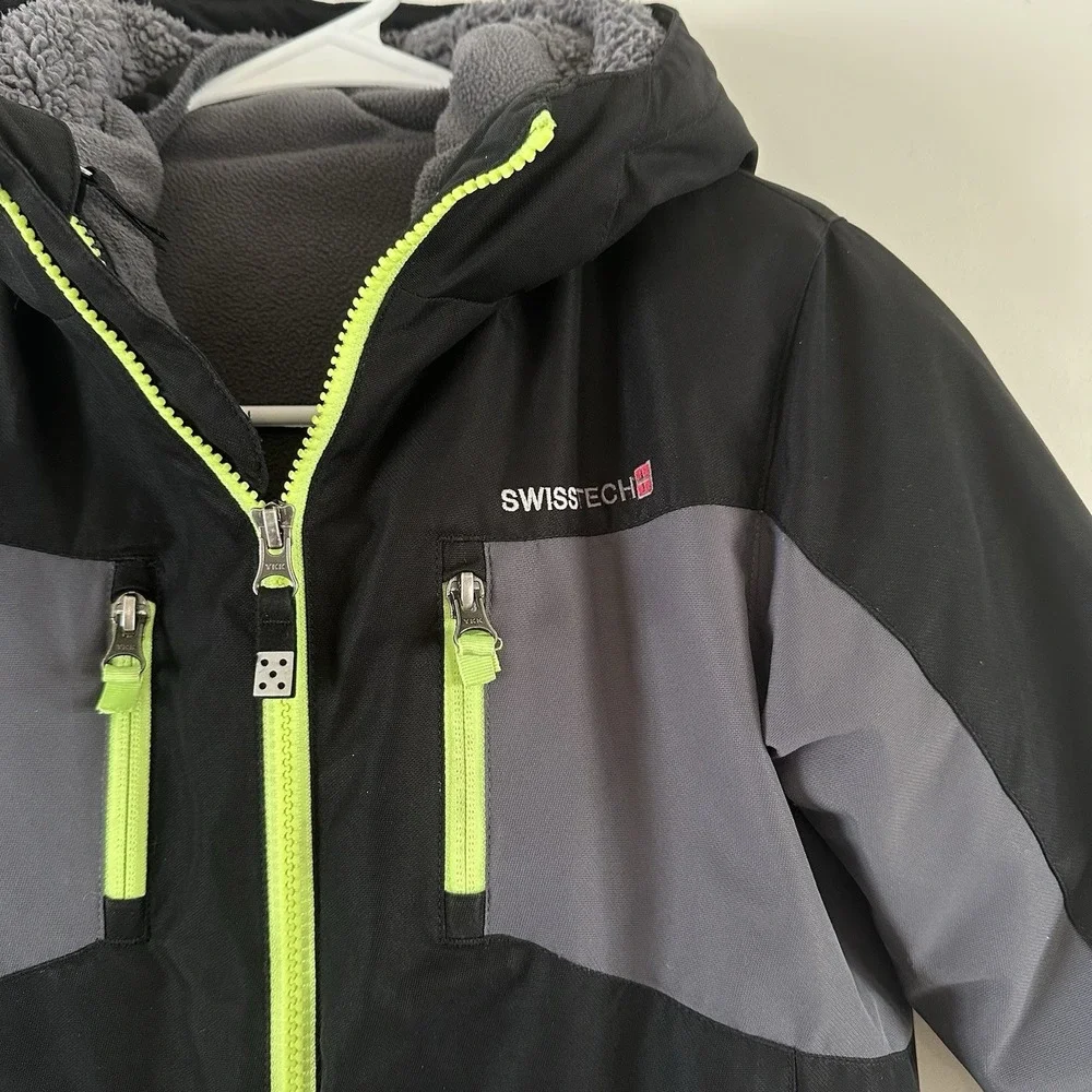 Swiss Tech Boys Black Small XS 4/5 Fleece Lined Hooded Jacket Coat Double Layer‎